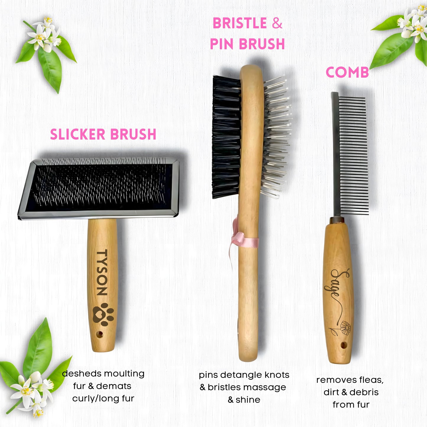 Personalised Dog Brush Set – Custom Pet Grooming Kit with Slicker Brush & Flea Comb